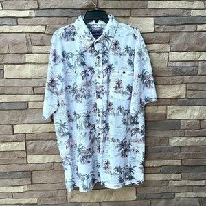 Aloha Hawaiian Shirt Tiki Island Shark Surfing Volcano Button Sz XXL Nob Hill